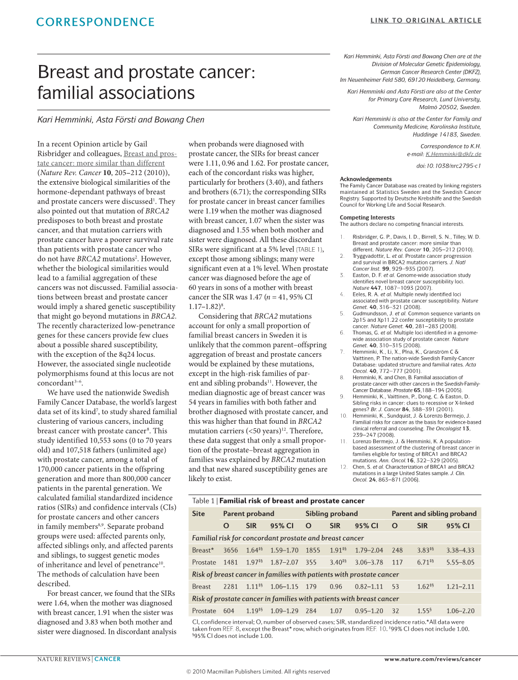 Breast and Prostate Cancer: Im Neuenheimer Feld 580, 69120 Heidelberg, Germany