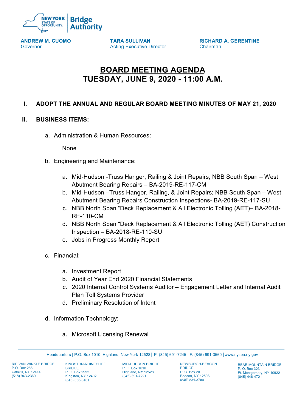 Board Meeting Agenda Tuesday, June 9, 2020 - 11:00 A.M