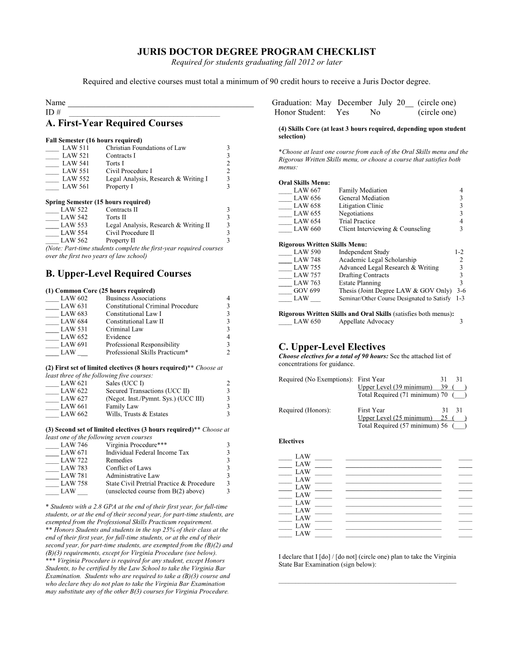 JURIS DOCTOR DEGREE PROGRAM CHECKLIST Required for Students Graduating Fall 2012 Or Later