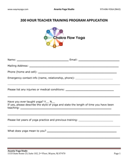 200 Hour Teacher Training Program Application
