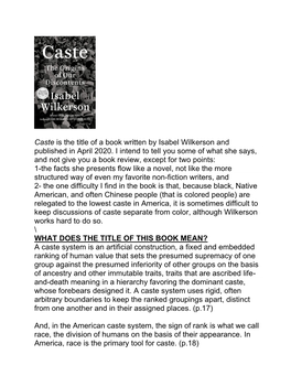 Caste Is the Title of a Book Written by Isabel Wilkerson and Published in April 2020