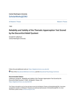 Reliability and Validity of the Thematic Apperception Test Scored by the Discomfort-Relief Quotient