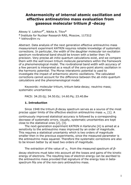 Anharmonicity of Internal Atomic Oscillation and Effective Antineutrino Mass Evaluation from Gaseous Molecular Tritium Β -Decay