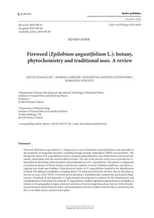 Fireweed (Epilobium Angustifolium L.): Botany, Phytochemistry and Traditional Uses