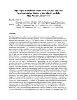 Hydrogen in Olivines from the Colorado Plateau: Implications for Water in the Mantle and the Alpe Arami Controversy