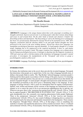 LANGUAGE AS the DEVICE for PSYCHOLOGICAL MANIPULATION in GEORGE ORWELL’S NINETEEN EIGHTY-FOUR: a PSYCHOLINGUISTIC ANALYSIS Md