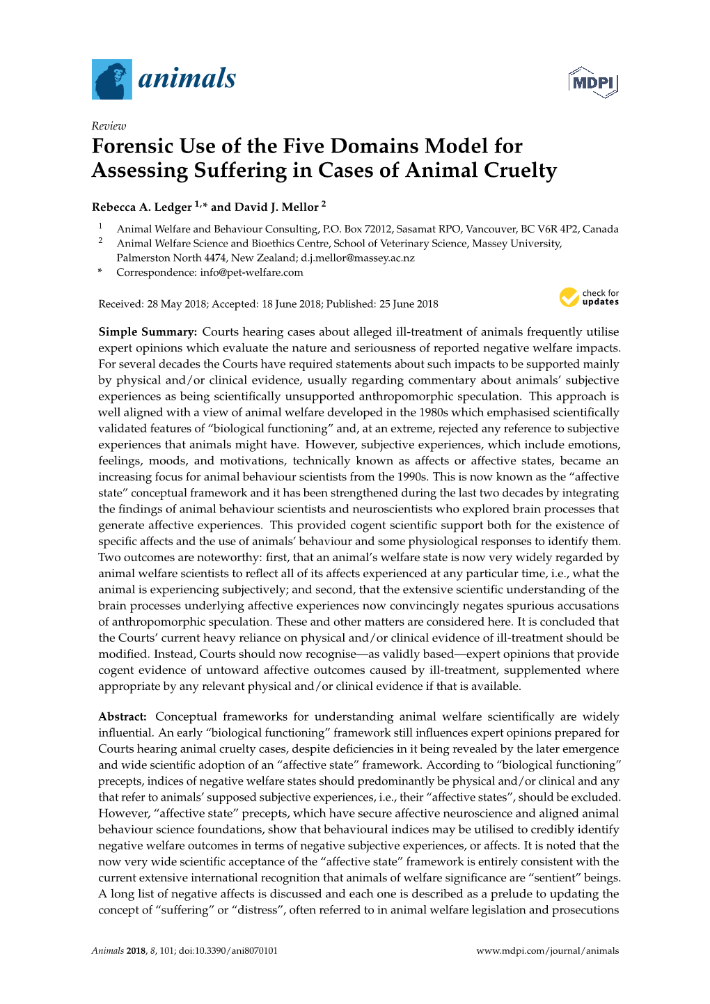 Forensic Use of the Five Domains Model for Assessing Suffering in Cases of Animal Cruelty