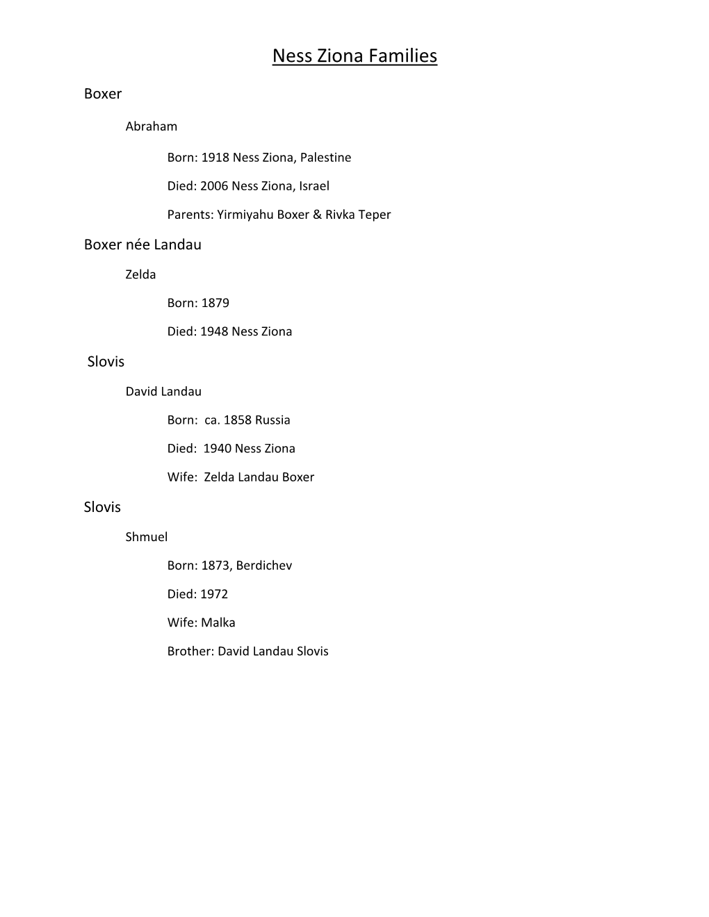 Consanguinity for Several Ness Ziona Families