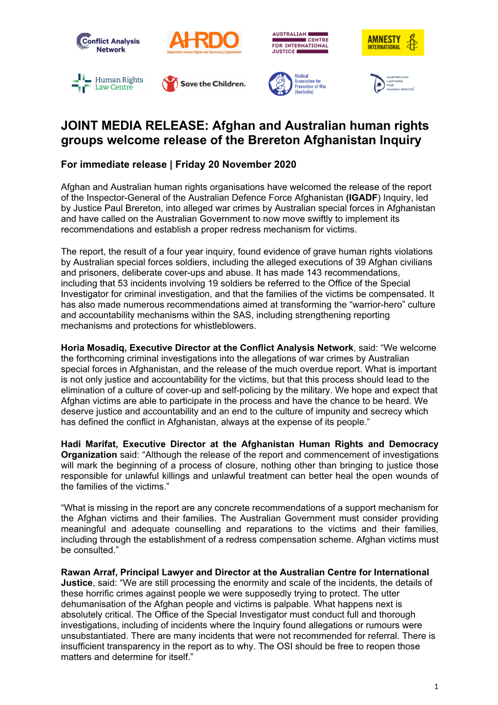 JOINT MEDIA RELEASE: Afghan and Australian Human Rights Groups Welcome Release of the Brereton Afghanistan Inquiry