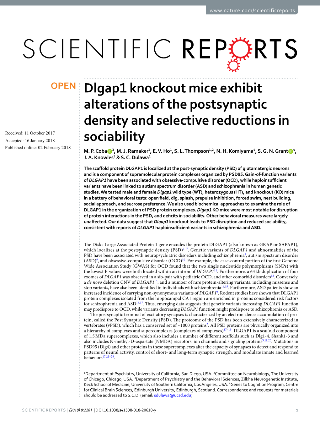 Dlgap1 Knockout Mice Exhibit Alterations of the Postsynaptic