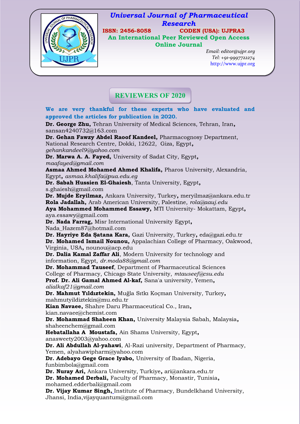 Universal Journal of Pharmaceutical Research REVIEWERS of 2020