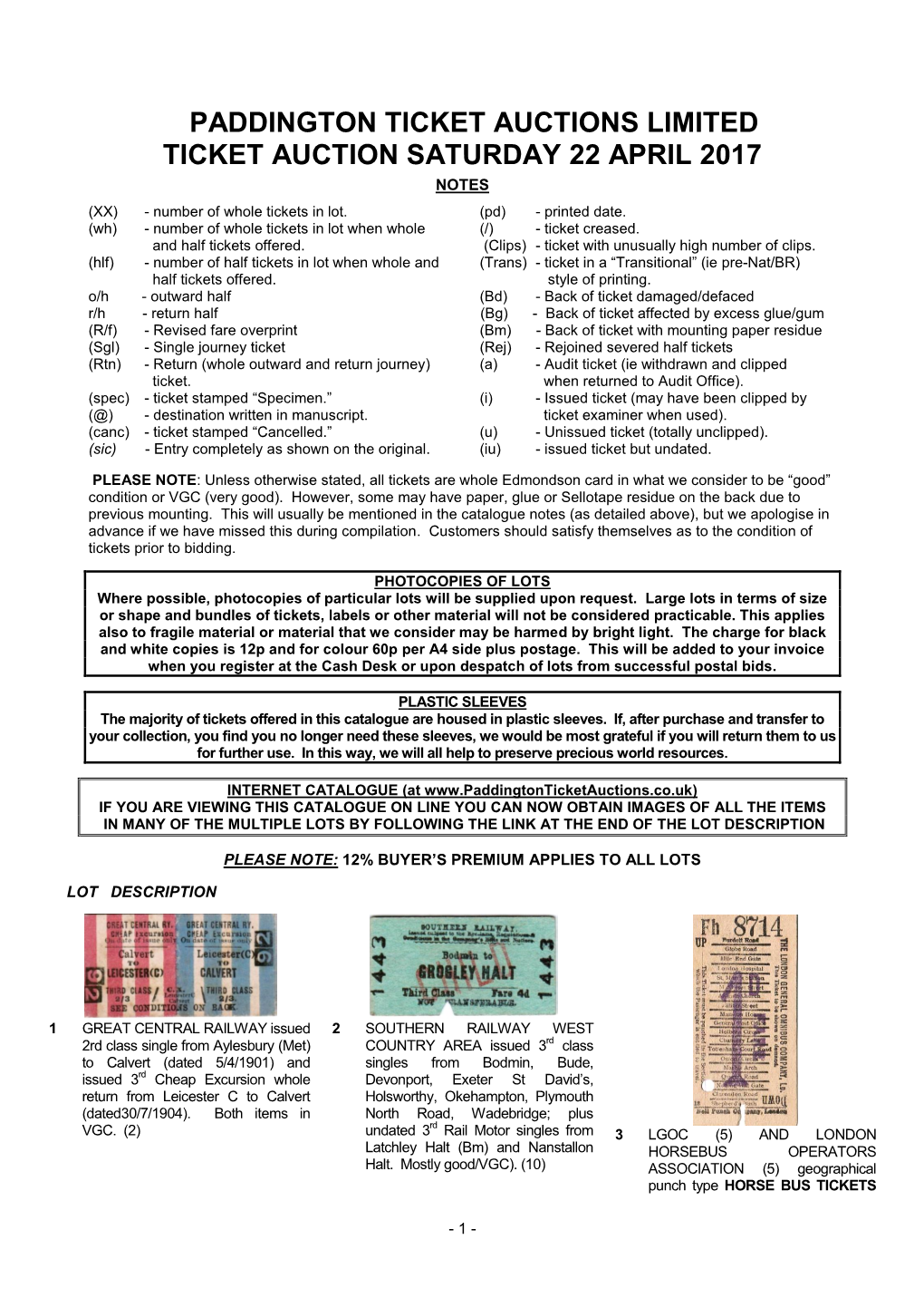 Paddington Ticket Auctions Limited Ticket Auction Saturday 22 April 2017