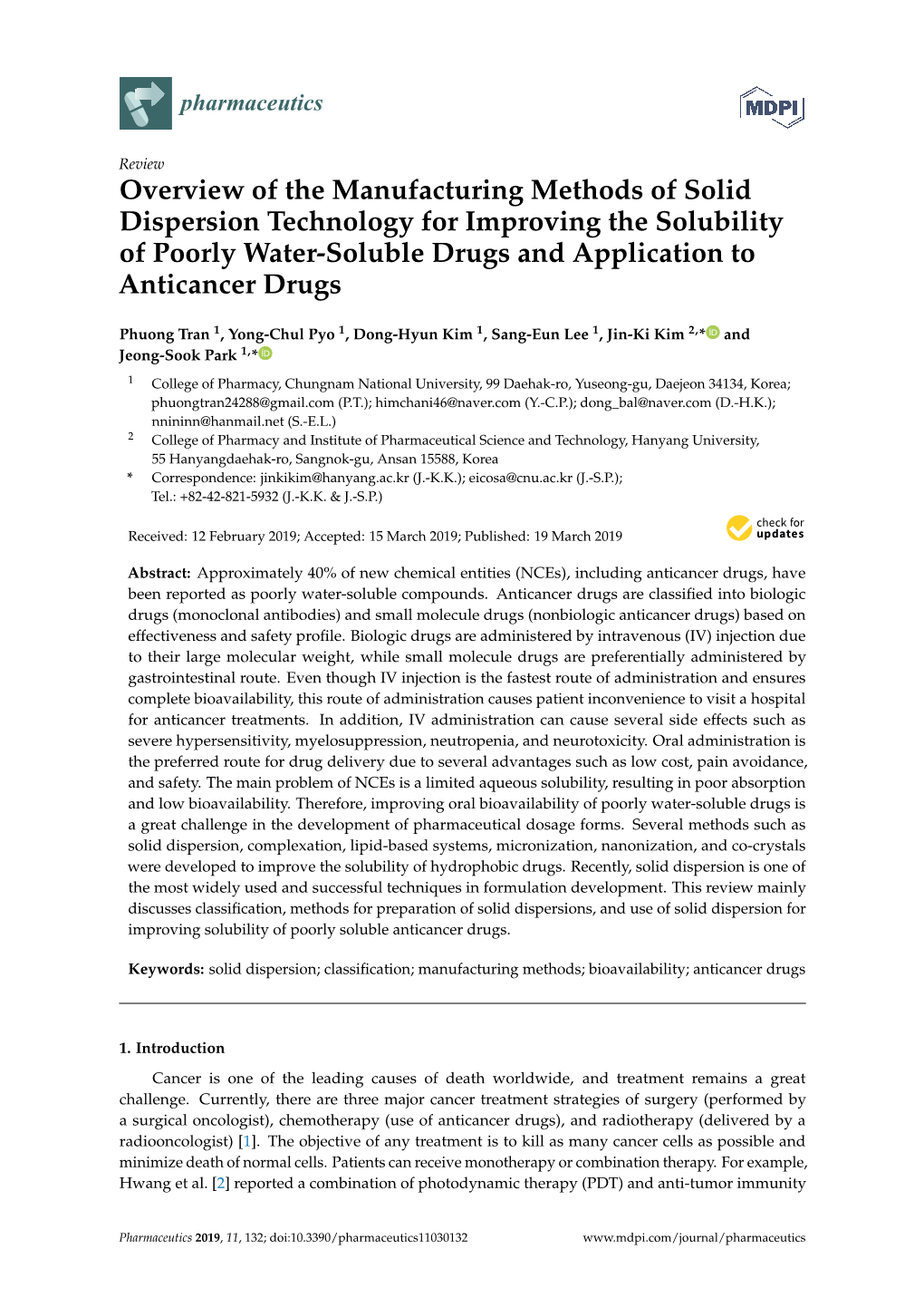 Overview of the Manufacturing Methods of Solid Dispersion Technology for Improving the Solubility of Poorly Water-Soluble Drugs and Application to Anticancer Drugs