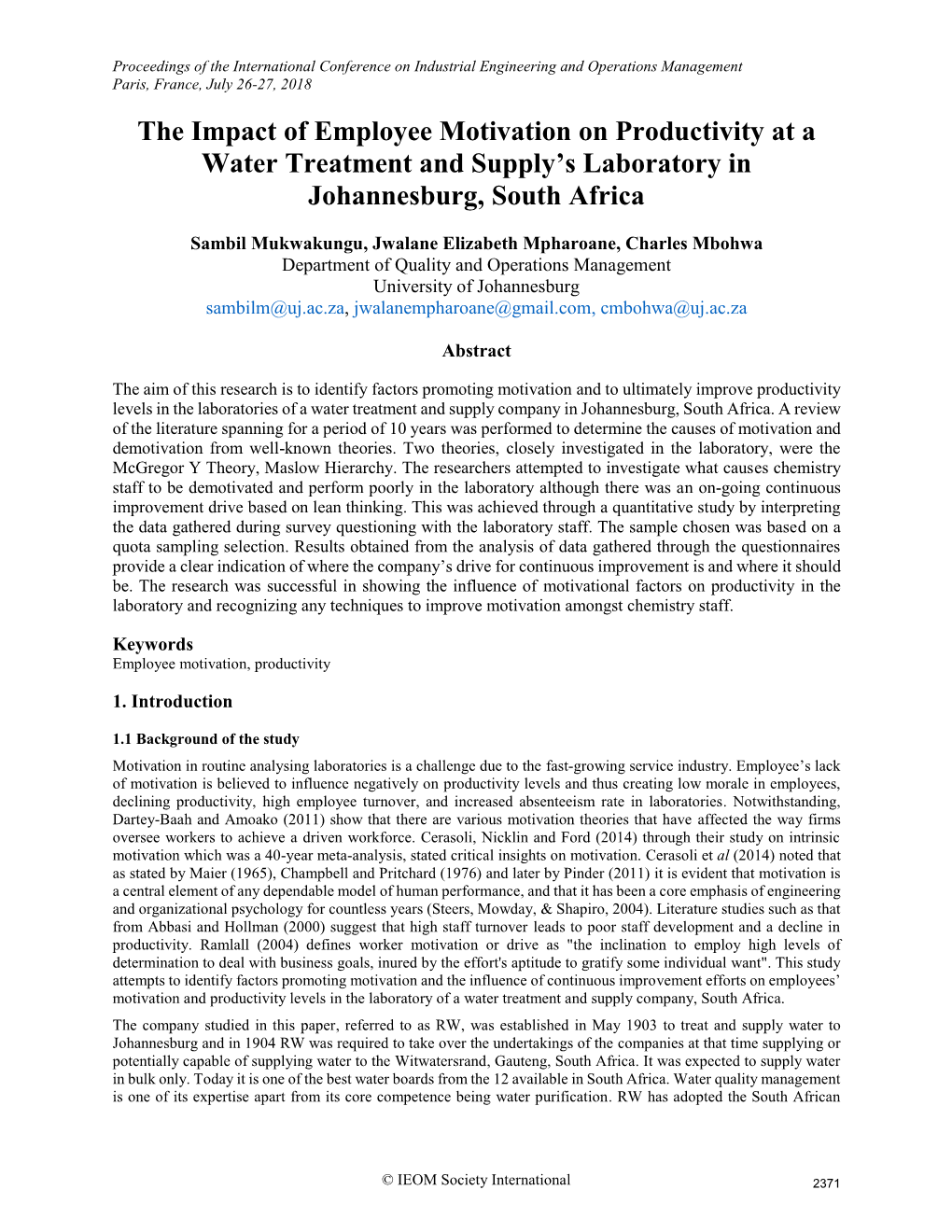 The Impact of Employee Motivation on Productivity at a Water Treatment and Supply’S Laboratory in Johannesburg, South Africa