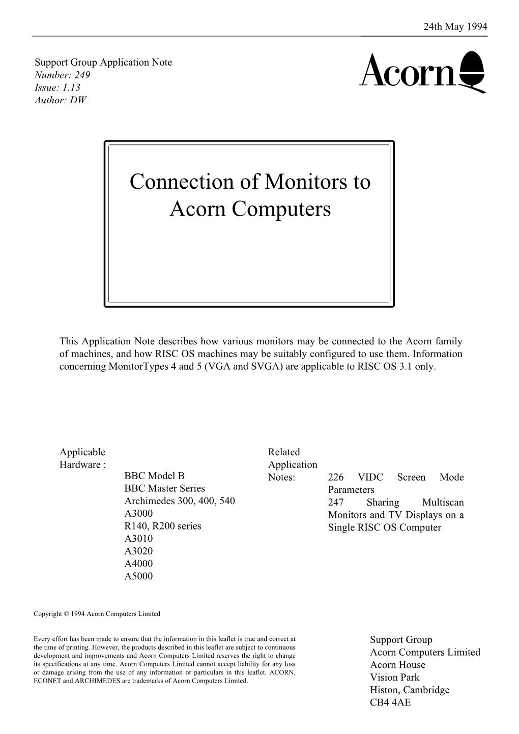 Connection of Monitors to Acorn Computers