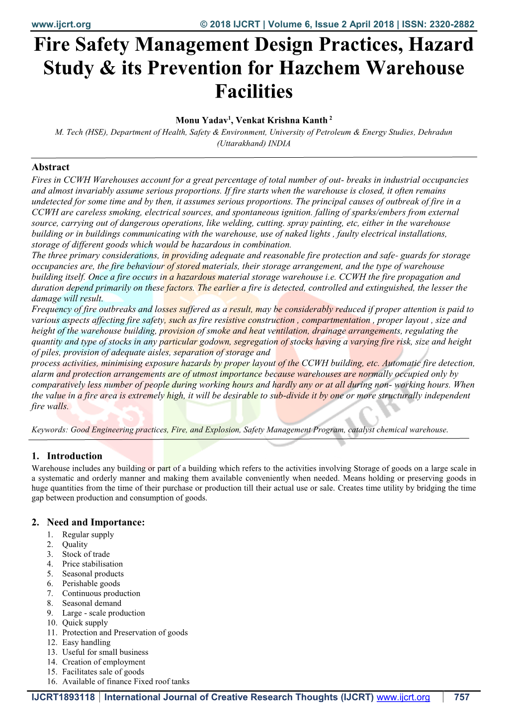 Fire Safety Management Design Practices, Hazard Study & Its Prevention for Hazchem Warehouse Facilities