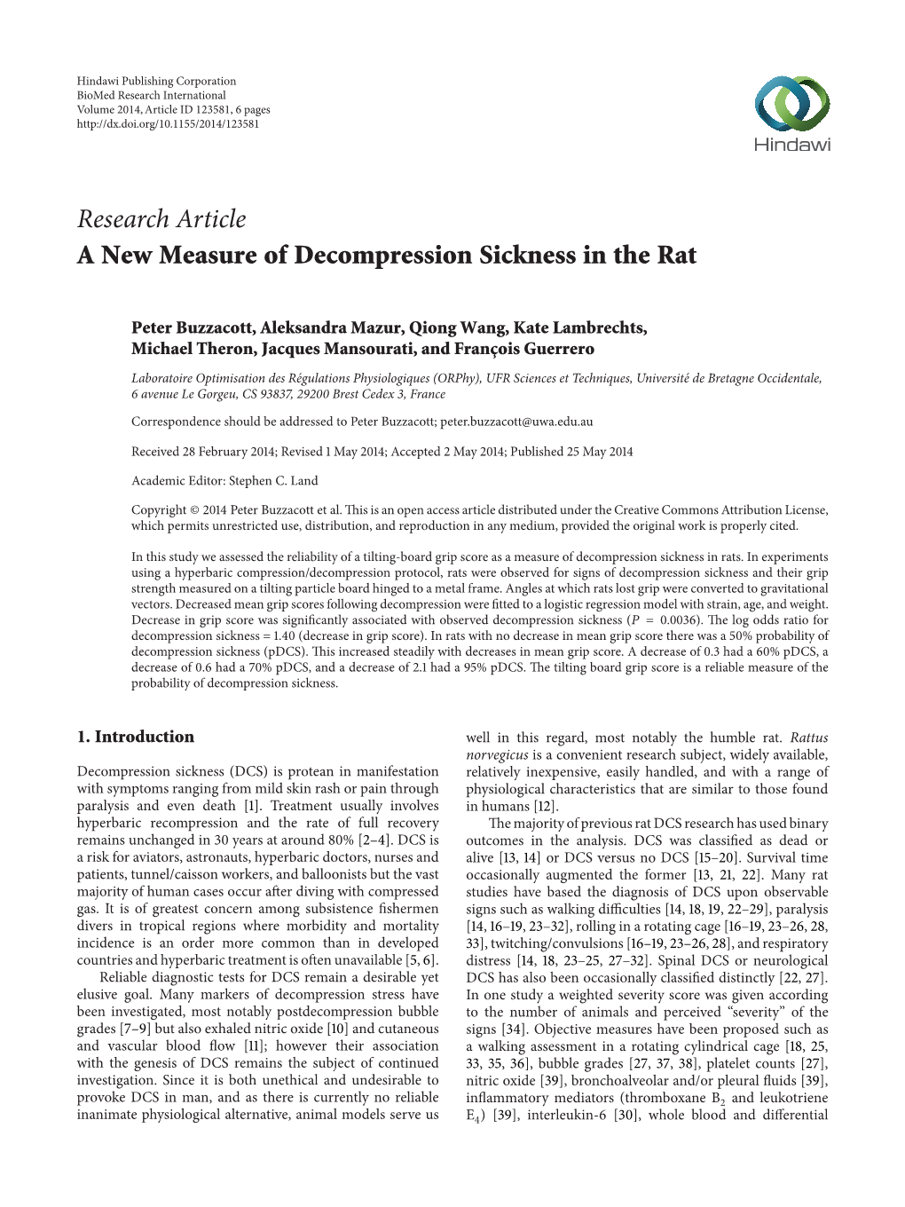 Research Article a New Measure of Decompression Sickness in the Rat