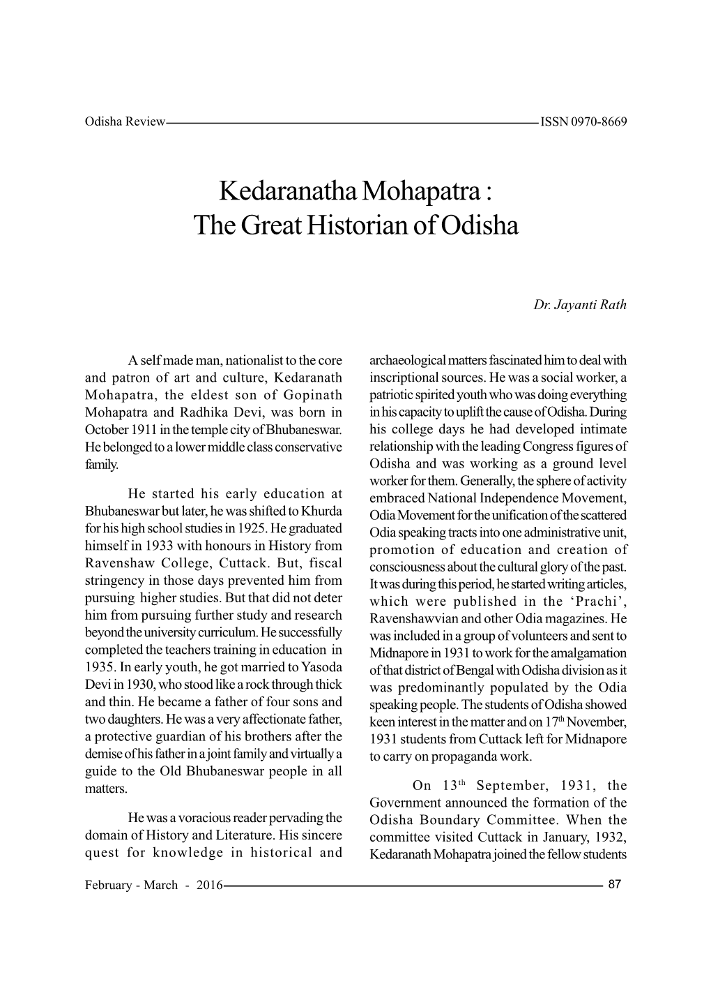 Kedaranatha Mohapatra : the Great Historian of Odisha