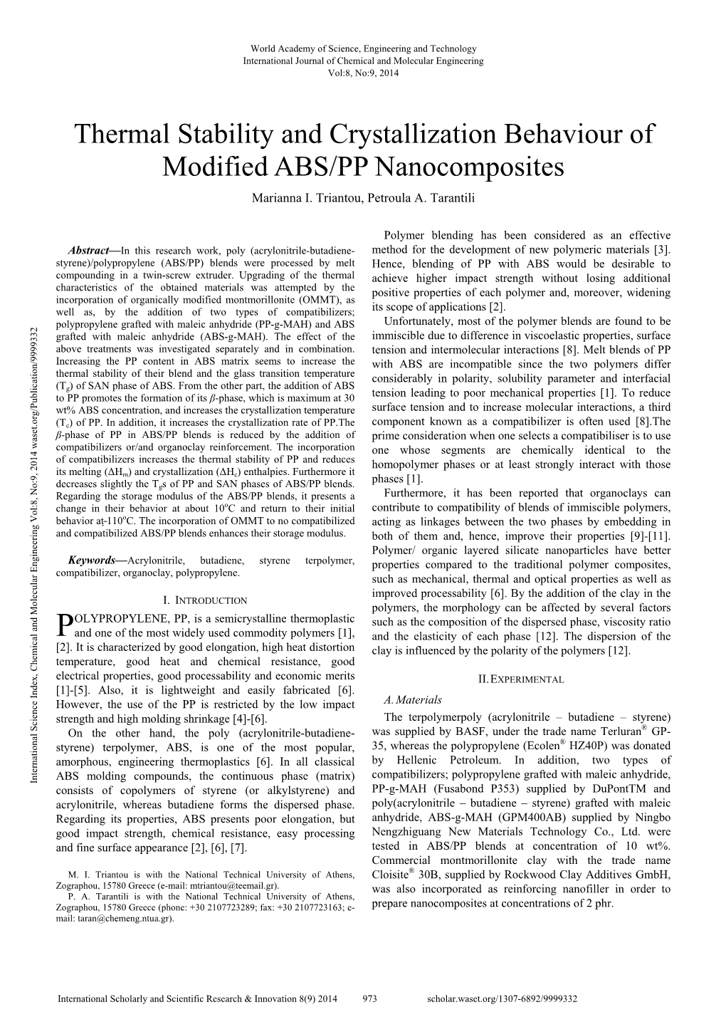 Thermal Stability and Crystallization Behaviour of Modified ABS/PP Nanocomposites Marianna I