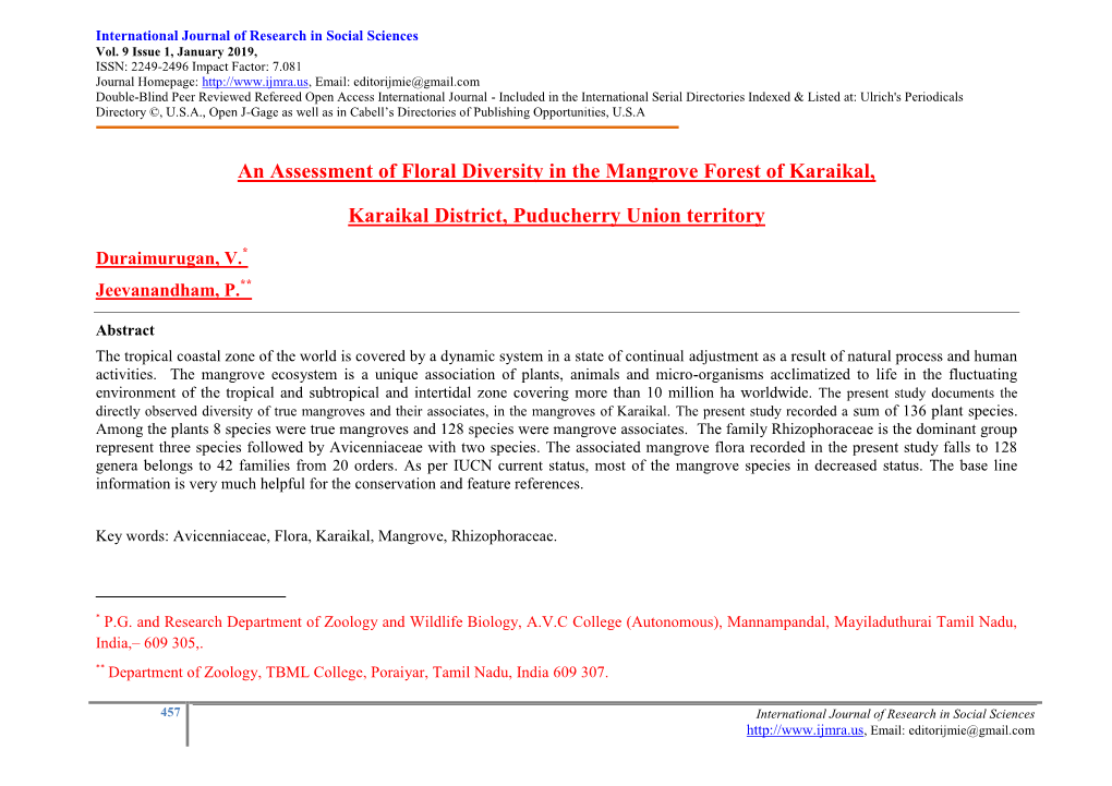 An Assessment of Floral Diversity in the Mangrove Forest of Karaikal