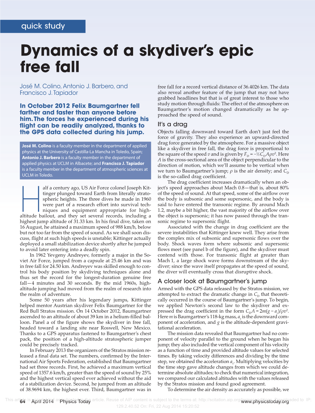 Dynamics of a Skydiver's Epic Free Fall