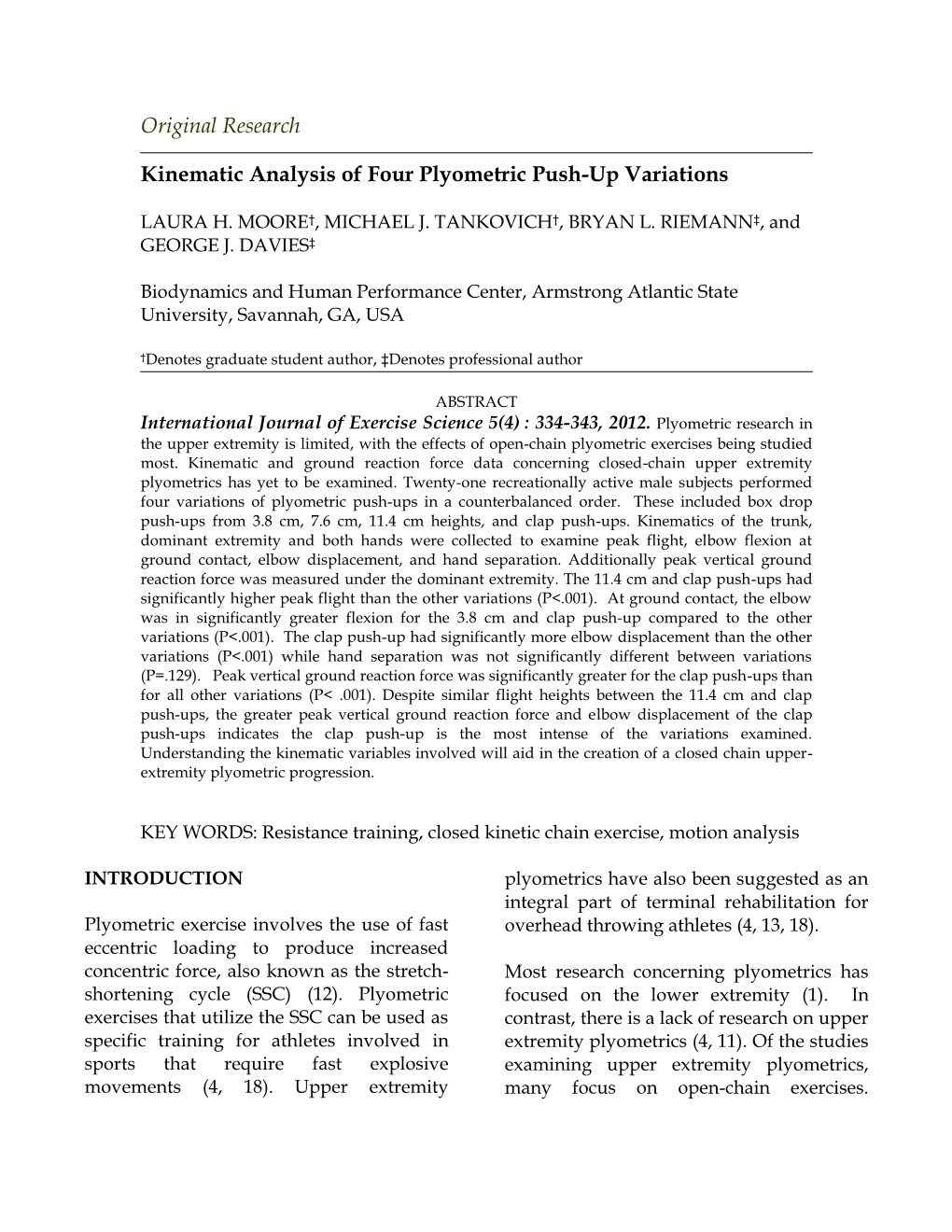 Kinematic Analysis of Four Plyometric Push-Up Variations