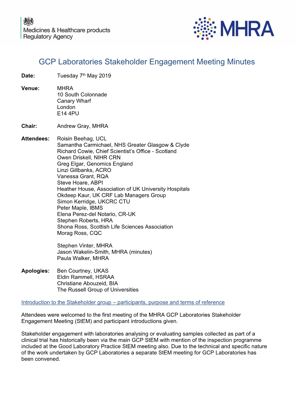 GCP Laboratories Stakeholder Engagement Meeting Minutes