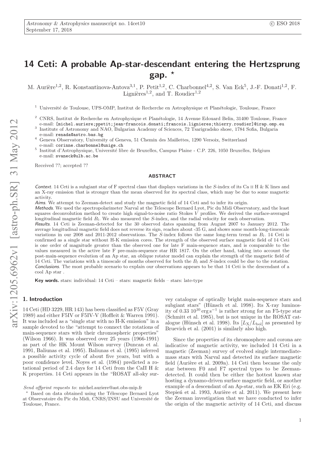 14 Ceti: a Probable Ap-Star-Descendant Entering The