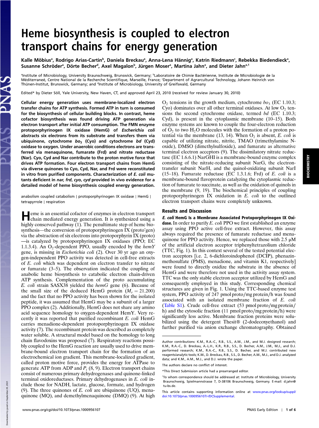 Heme Biosynthesis Is Coupled to Electron Transport Chains for Energy Generation