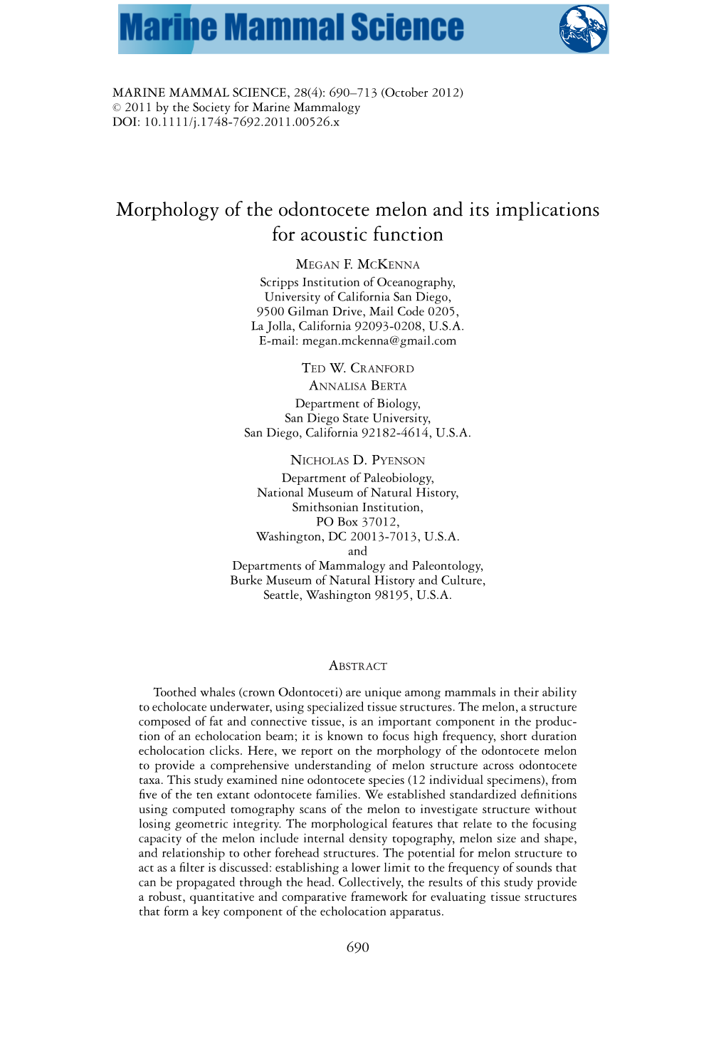 Morphology of the Odontocete Melon and Its Implications for Acoustic Function