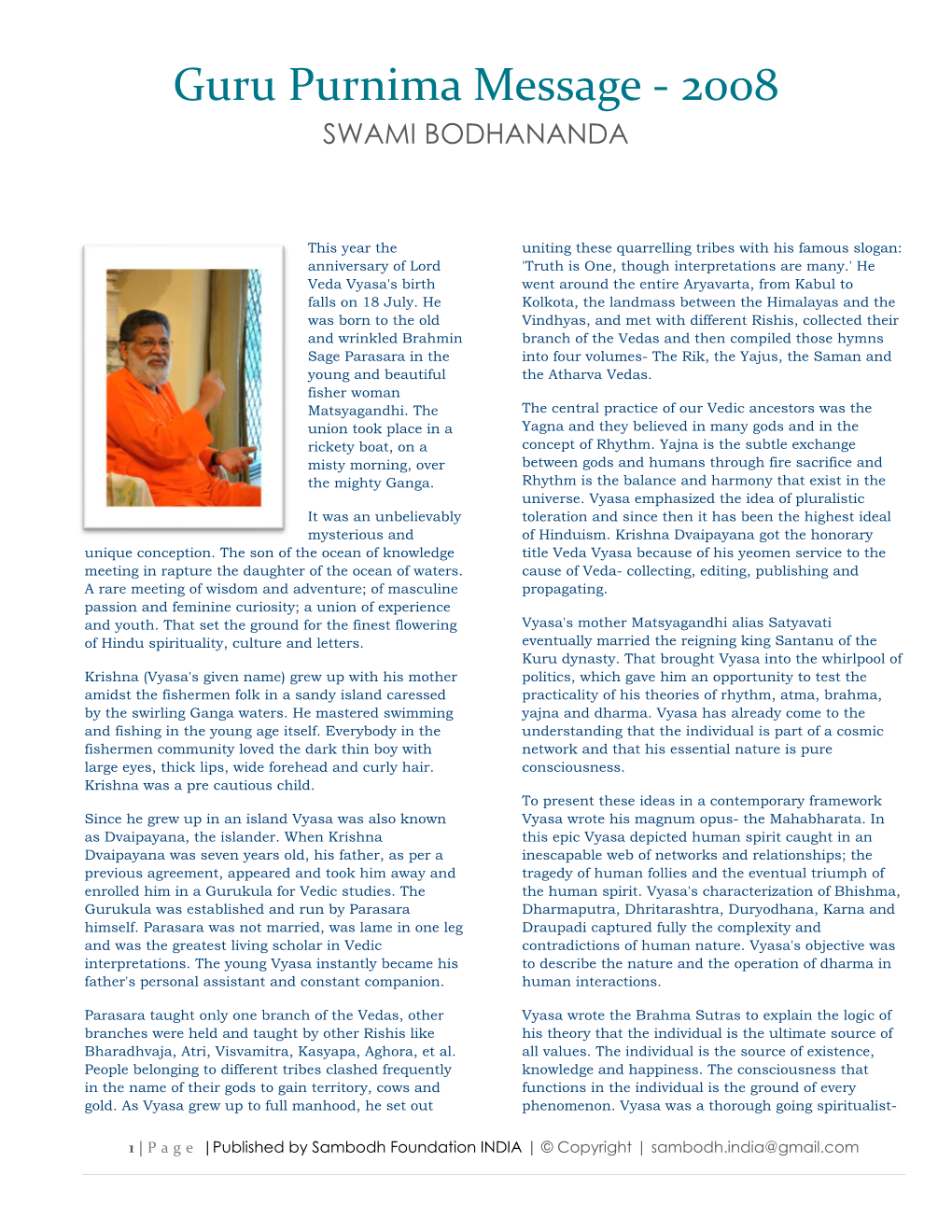 Guru Purnima Message - 2008 SWAMI BODHANANDA