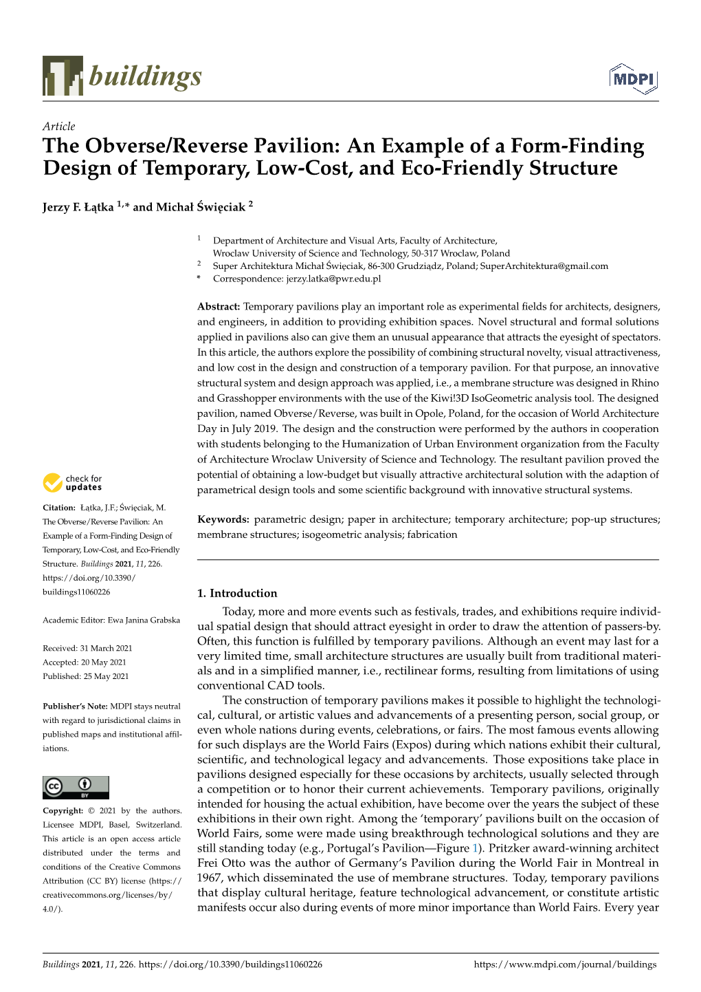 The Obverse/Reverse Pavilion: an Example of a Form-Finding Design of Temporary, Low-Cost, and Eco-Friendly Structure