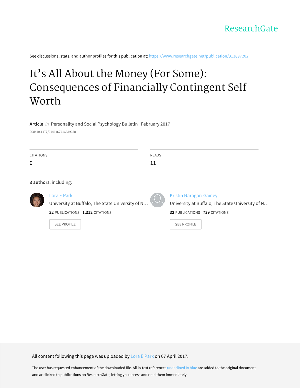 (For Some): Consequences of Financially Contingent Self- Worth