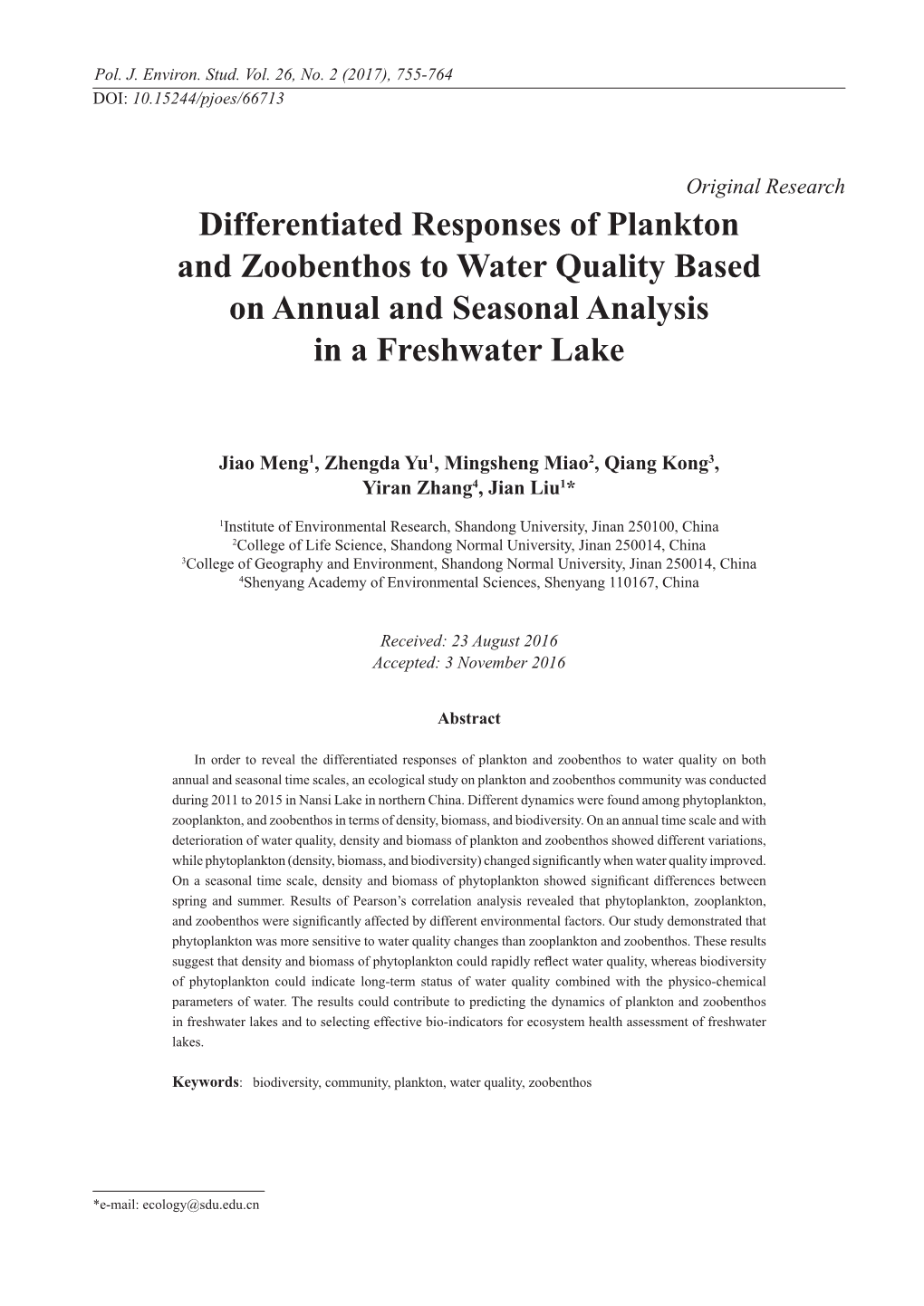 Differentiated Responses of Plankton and Zoobenthos to Water Quality Based on Annual and Seasonal Analysis in a Freshwater Lake