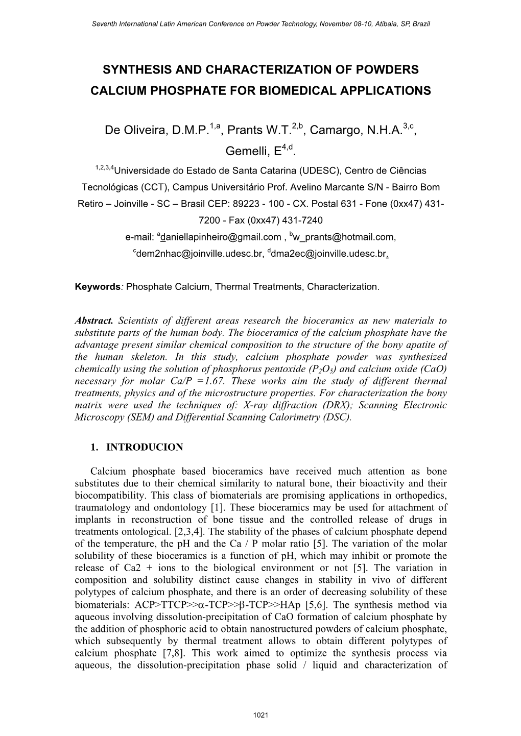 Synthesis and Characterization of Powders Calcium Phosphate for Biomedical Applications