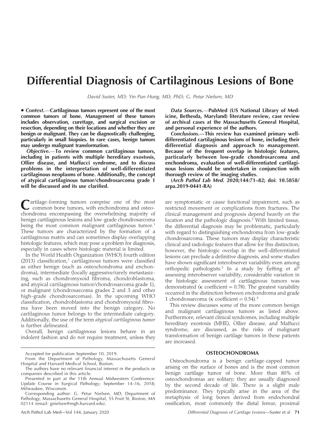 Differential Diagnosis of Cartilaginous Lesions of Bone