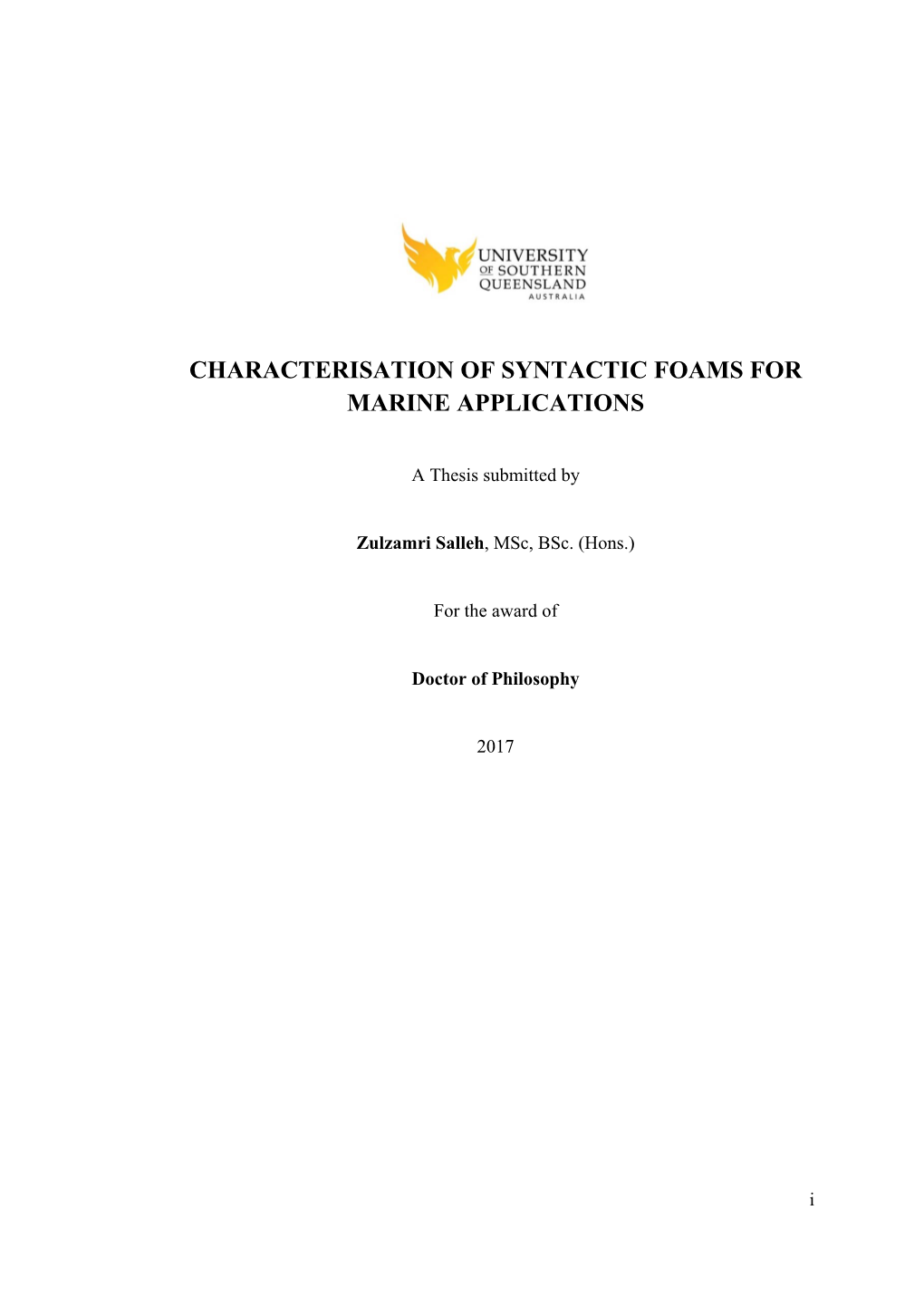 Characterisation of Syntactic Foams for Marine Applications