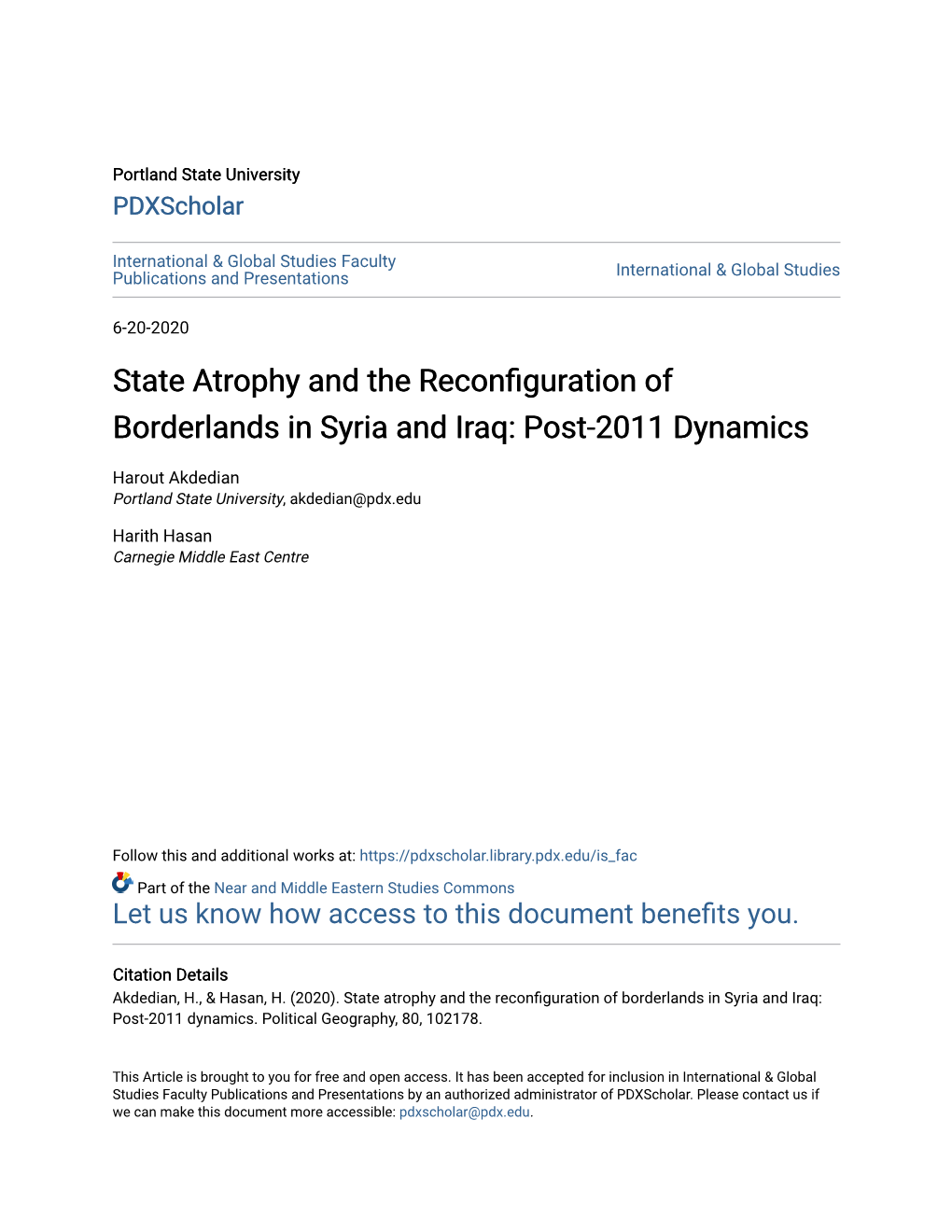 State Atrophy and the Reconfiguration of Borderlands in Syria and Iraq: Post-2011 Dynamics