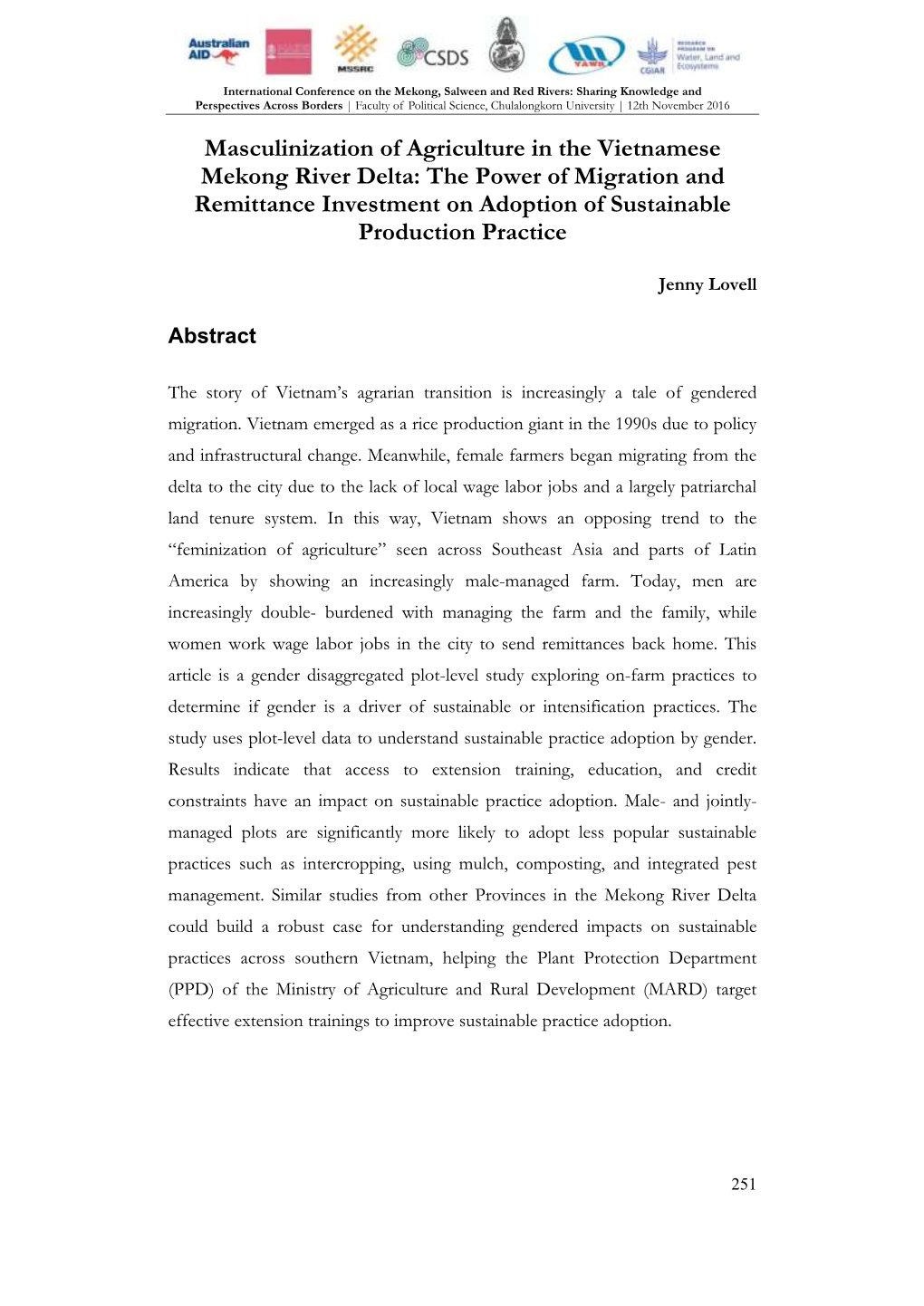 Masculinization of Agriculture in the Vietnamese Mekong River Delta: the Power of Migration and Remittance Investment on Adoption of Sustainable Production Practice