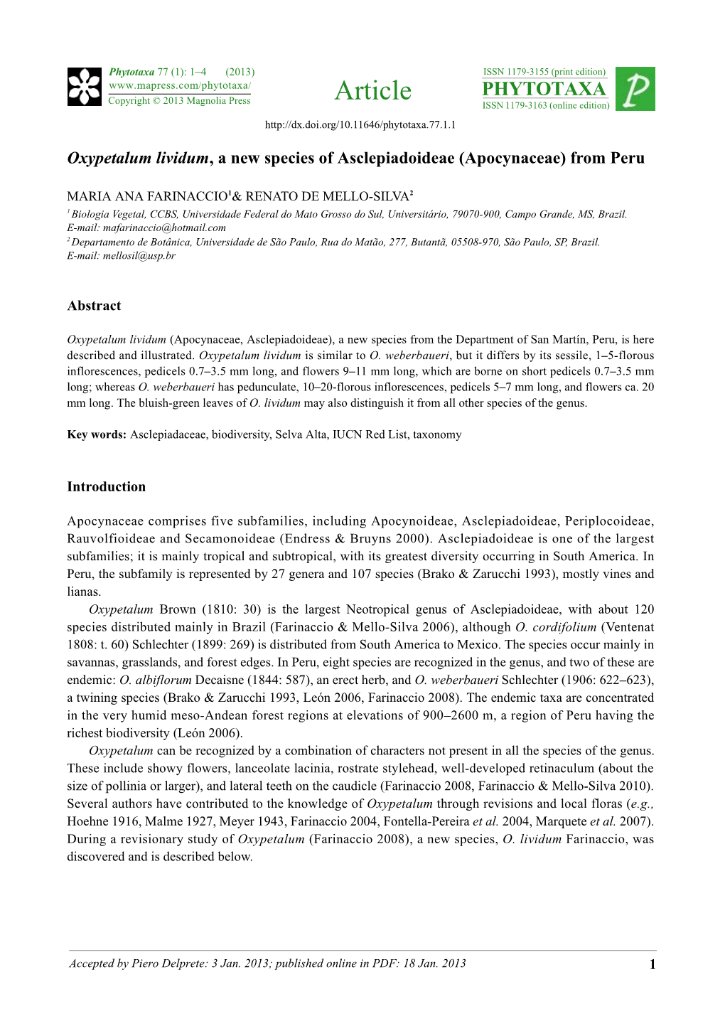 Oxypetalum Lividum, a New Species of Asclepiadoideae (Apocynaceae) from Peru