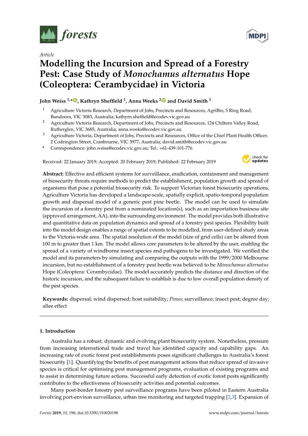 Modelling the Incursion and Spread of a Forestry Pest: Case Study of Monochamus Alternatus Hope (Coleoptera: Cerambycidae) in Victoria