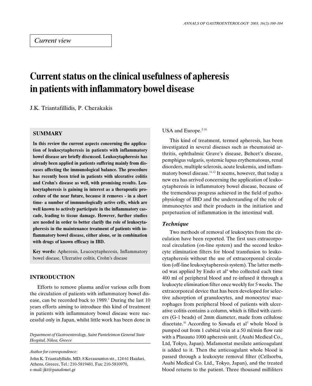 Current Status on the Clinical Usefulness of Apheresis in Patients with Inflammatory Bowel Disease