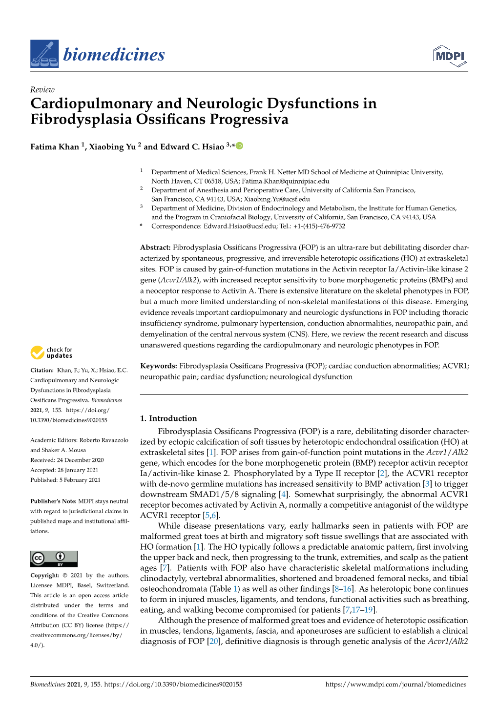 Cardiopulmonary and Neurologic Dysfunctions in Fibrodysplasia Ossificans Progressiva