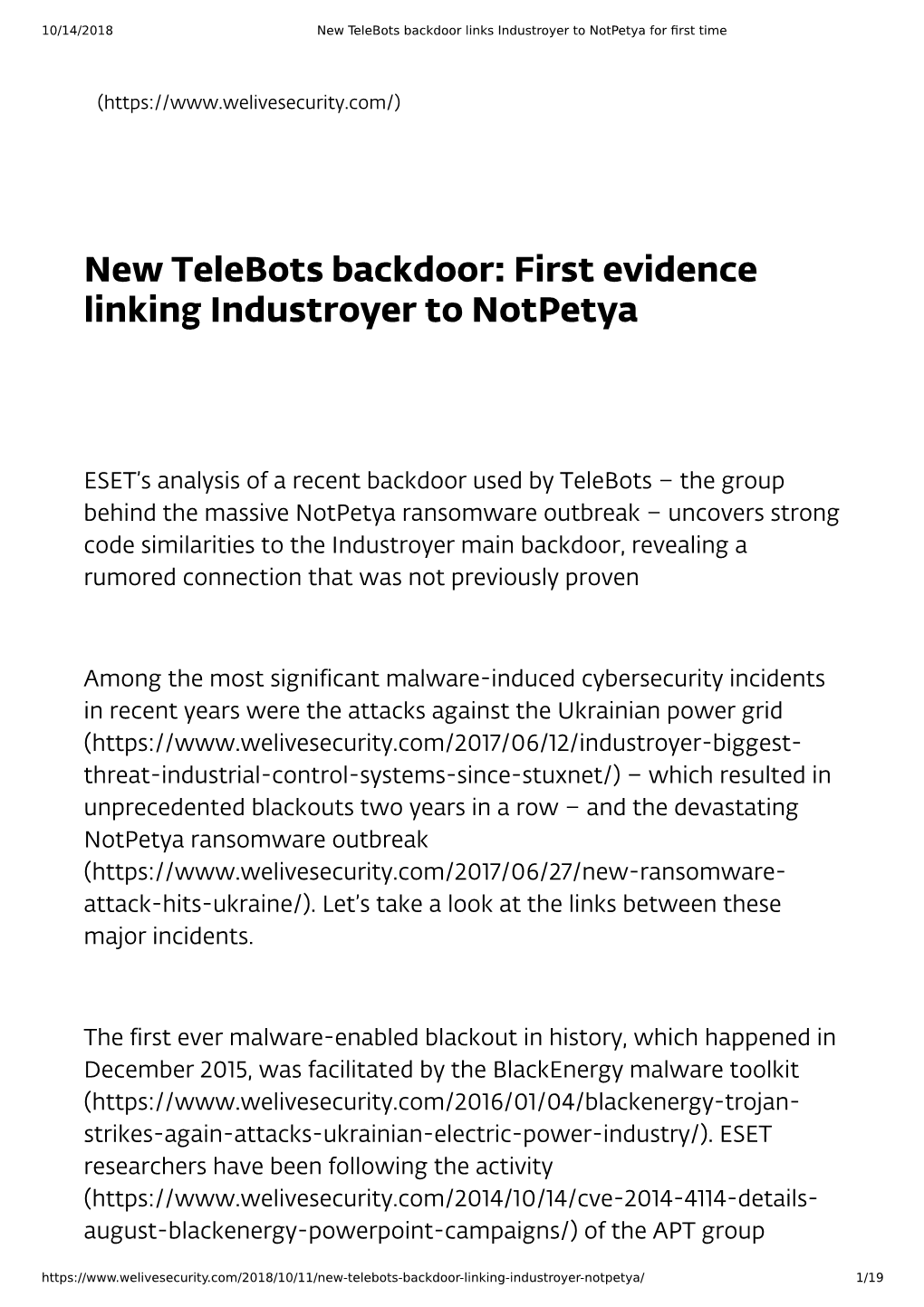 New Telebots Backdoor: First Evidence Linking Industroyer to Notpetya