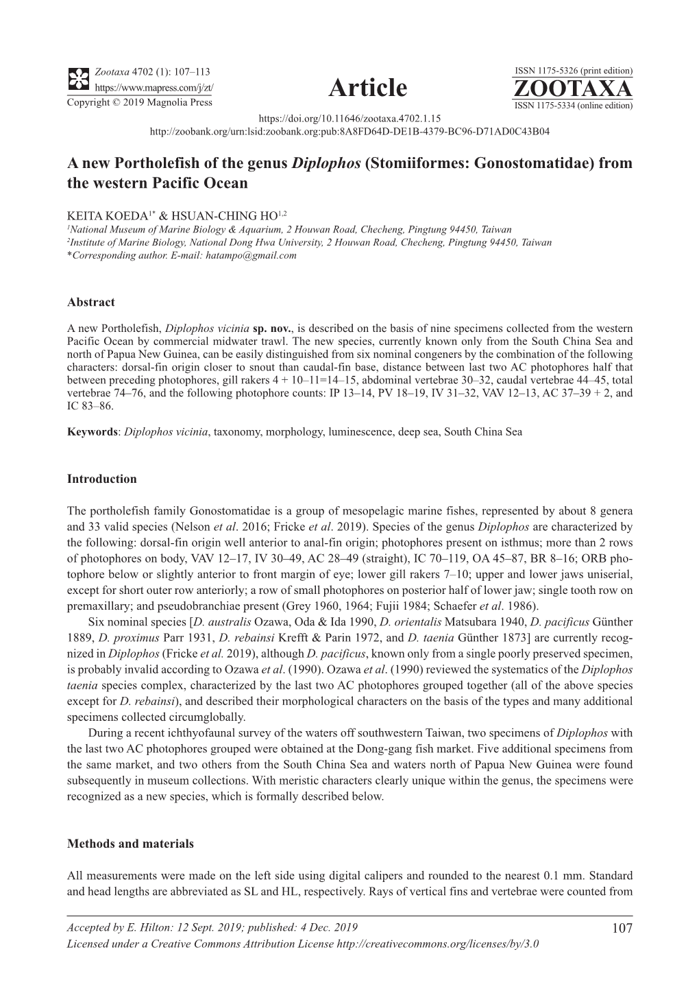 A New Portholefish of the Genus Diplophos (Stomiiformes: Gonostomatidae) from the Western Pacific Ocean