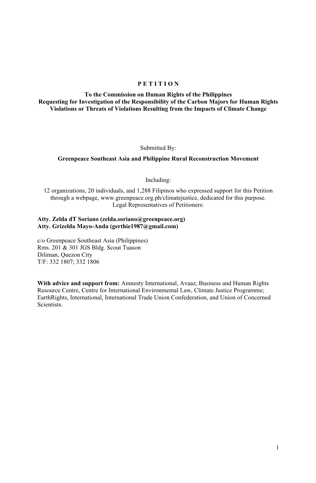 1 P E T I T I O N to the Commission on Human Rights of the Philippines