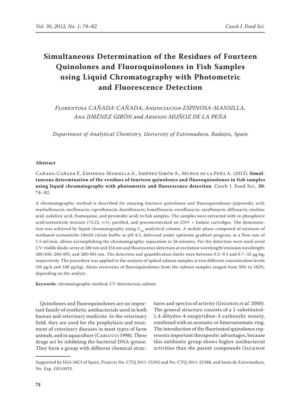 Simultaneous Determination of the Residues of Fourteen Quinolones