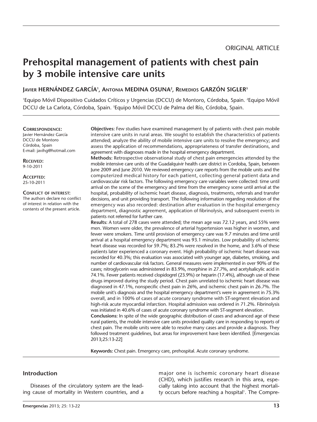 Prehospital Management of Patients with Chest Pain by 3 Mobile Intensive Care Units