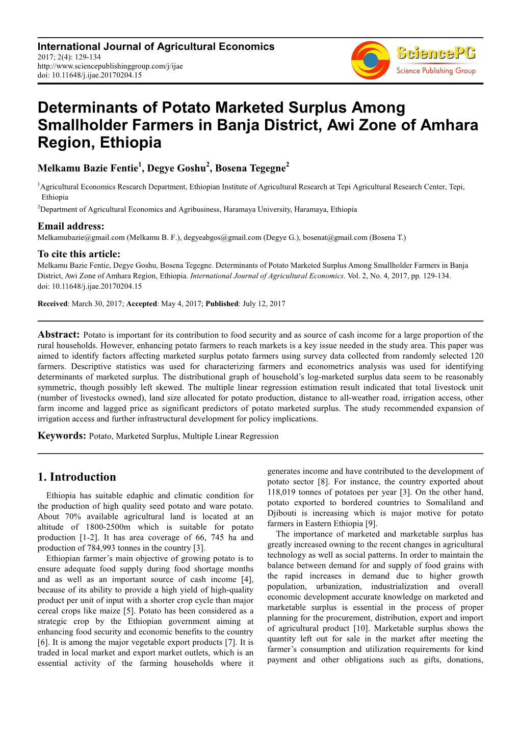 Determinants of Potato Marketed Surplus Among Smallholder Farmers in Banja District, Awi Zone of Amhara Region, Ethiopia