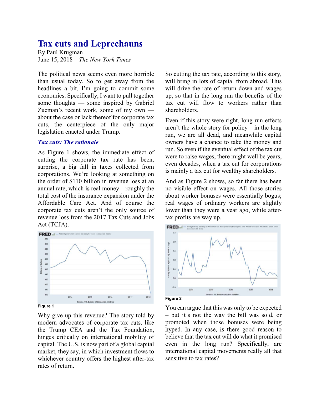 Tax Cuts and Leprechauns by Paul Krugman June 15, 2018 – the New York Times